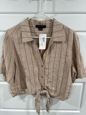 Sanctuary Beige Striped Tie-Front Button Down Shirt
